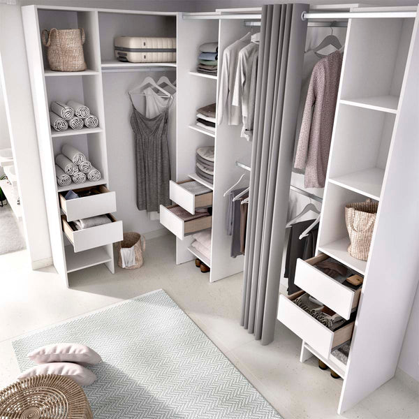 Armario vestidor rinconero regulable con tres columnas y cortina Suit