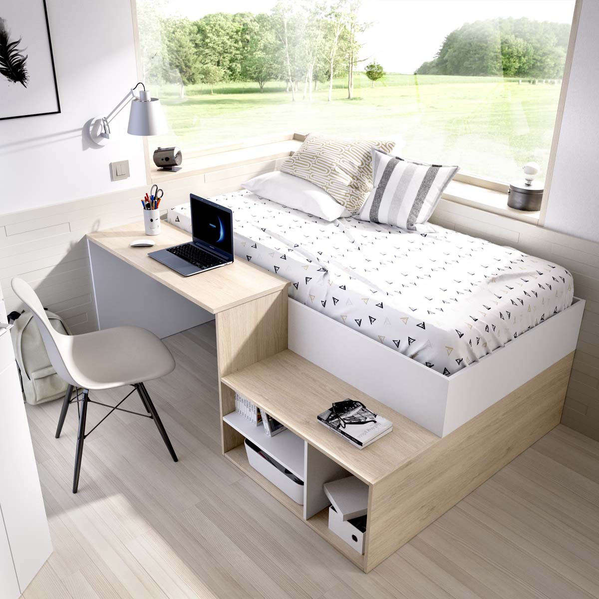 Cama individual con escritorio Kric