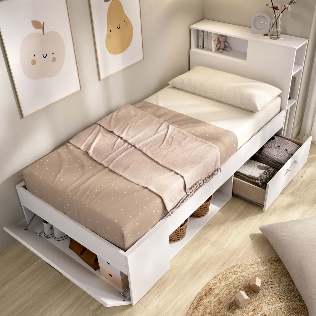 Cama individual con cabecero y almacenaje Lanka