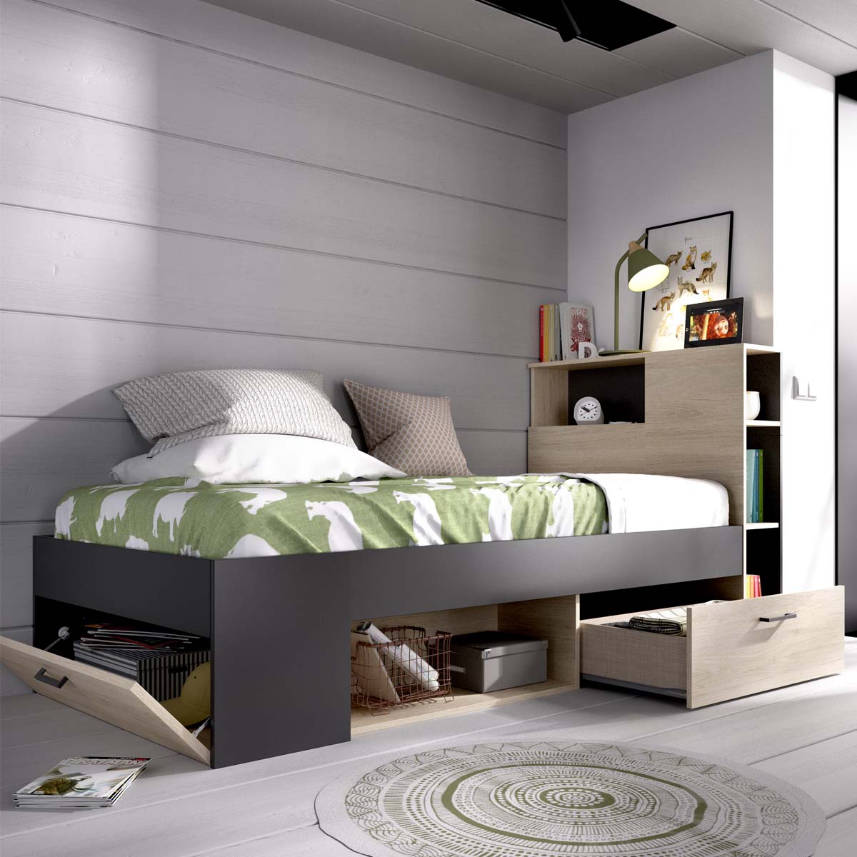 Cama individual con cabecero y almacenaje Lanka