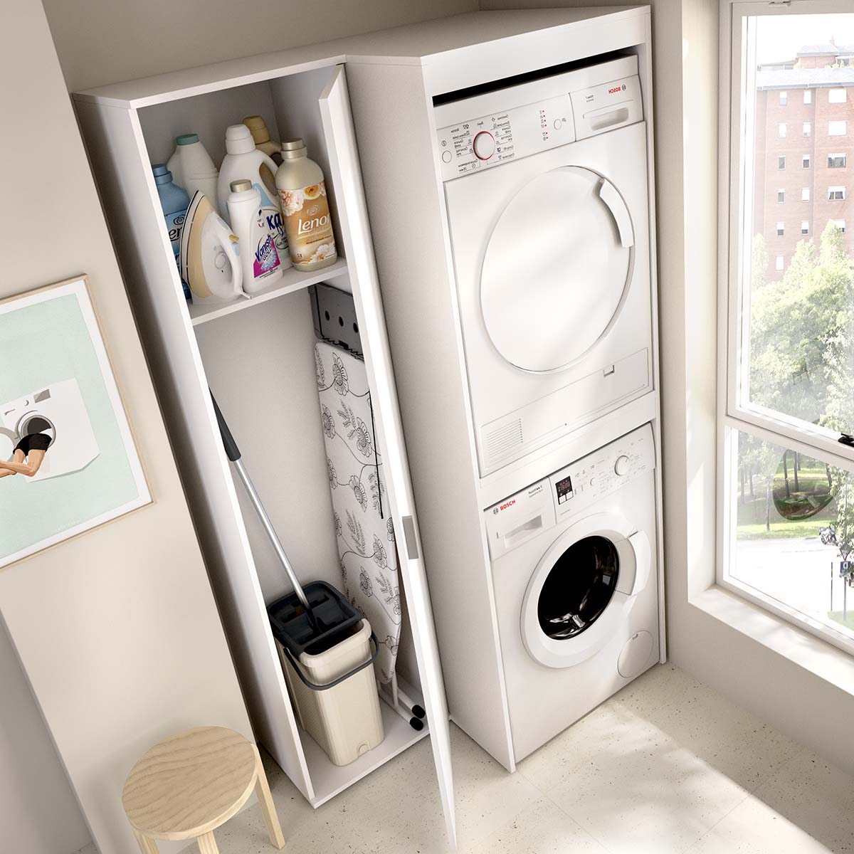 Armario para lavadora secadora con columna auxiliar 1 puerta Fit