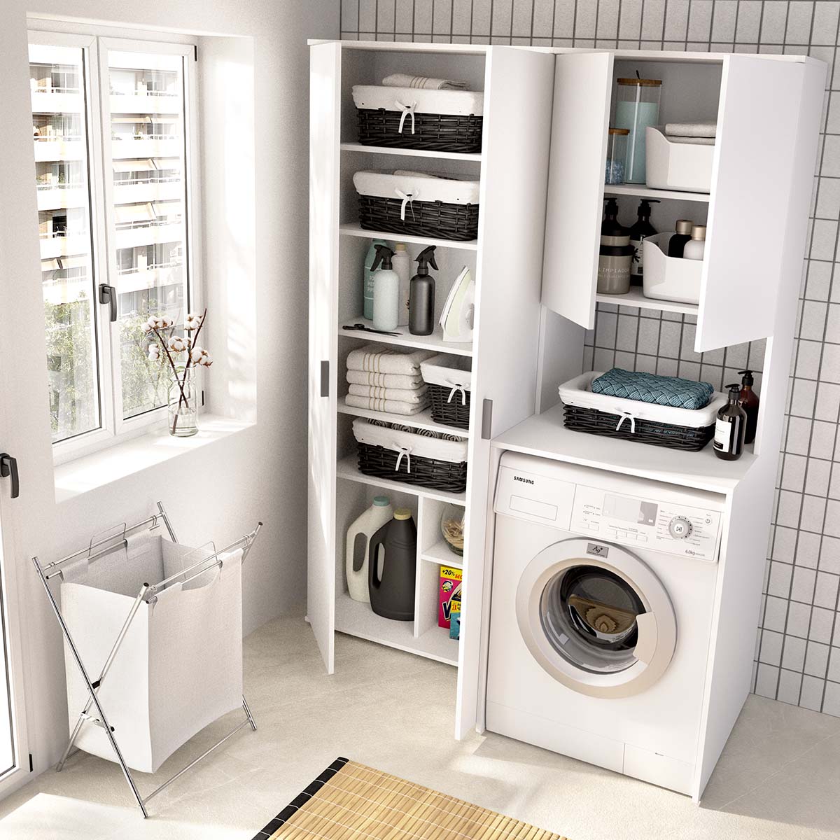 Armario para lavadora con modulo alto y armario auxiliar 2 puertas Fit