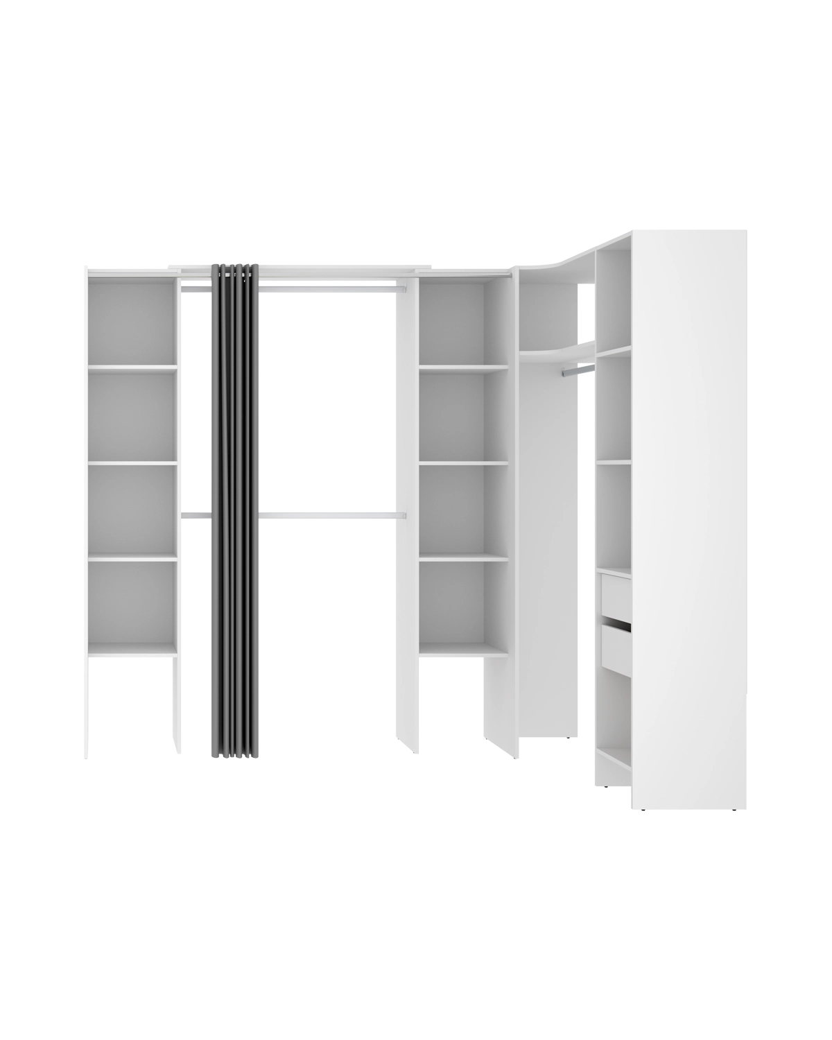 Armario vestidor rinconero regulable con tres columnas y cortina Suit