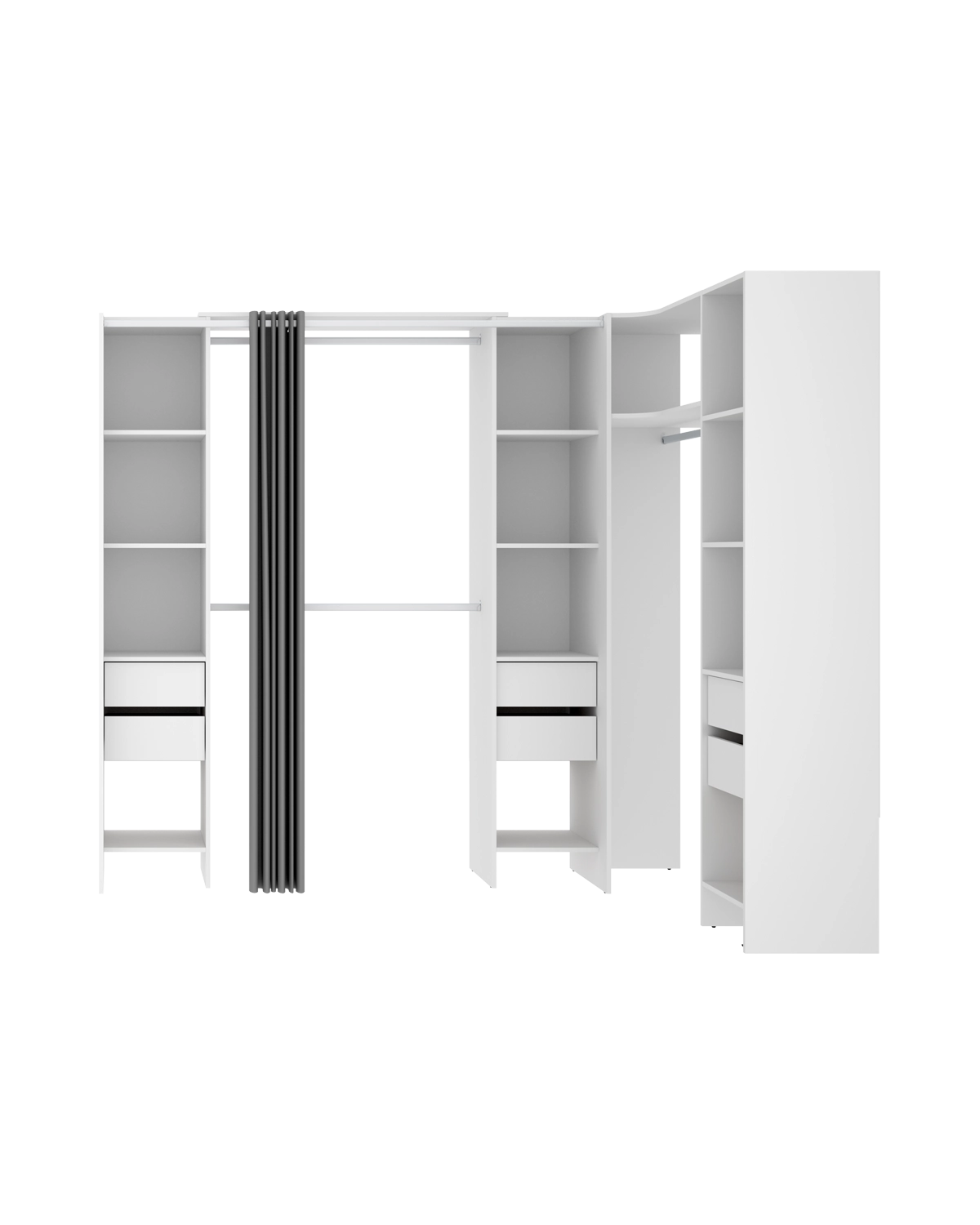 Armario vestidor rinconero regulable con tres columnas y cortina Suit
