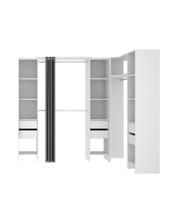 Armario vestidor rinconero regulable con tres columnas y cortina Suit