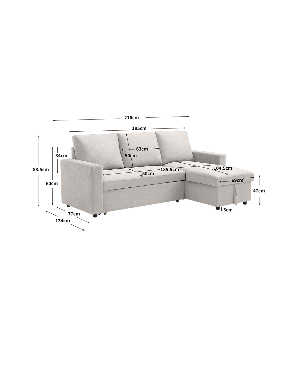 Sofá cama con chaise longue y almacenaje Ivy