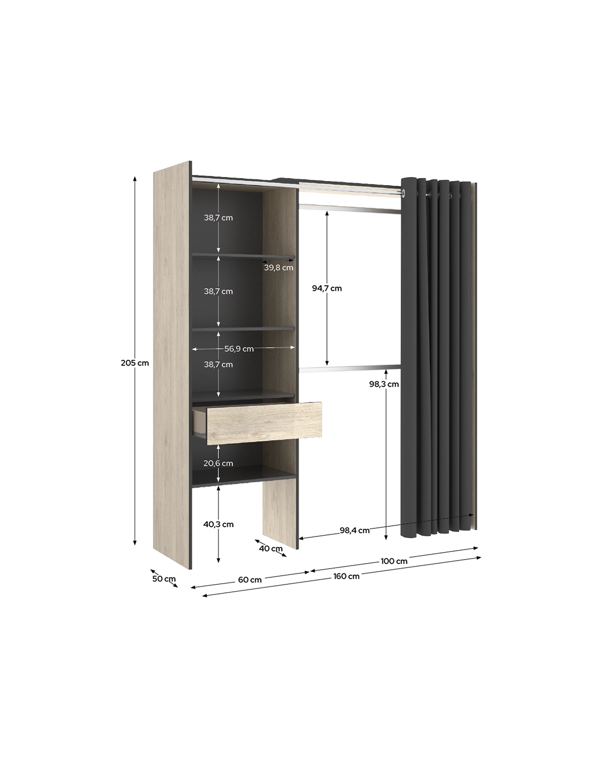 Armario vestidor regulable con columna y cortina Suit