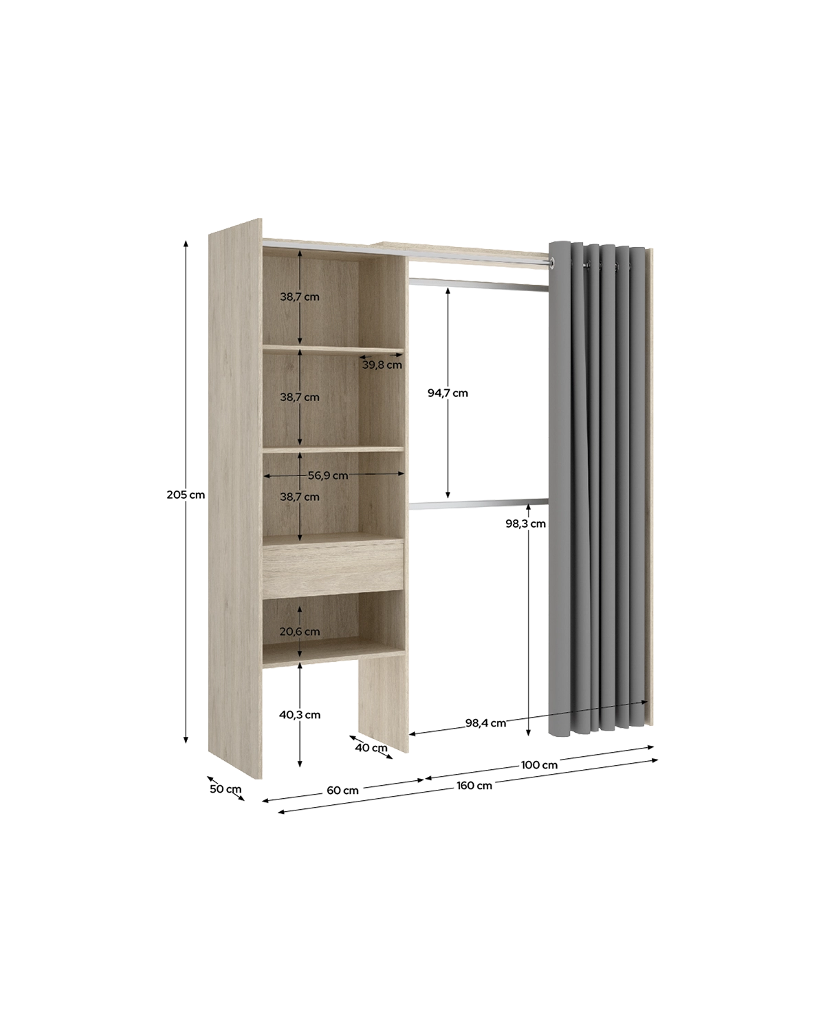 Armario vestidor regulable con columna y cortina Suit