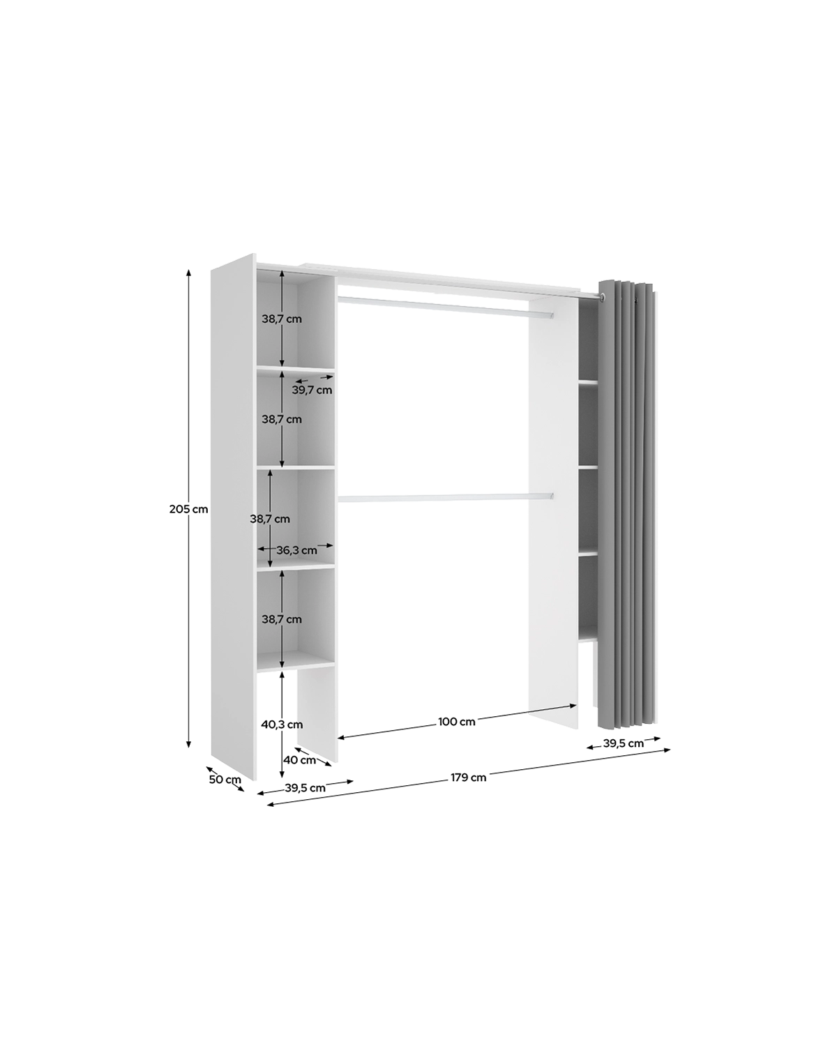 Armario vestidor regulable con dos columnas y cortina Suit