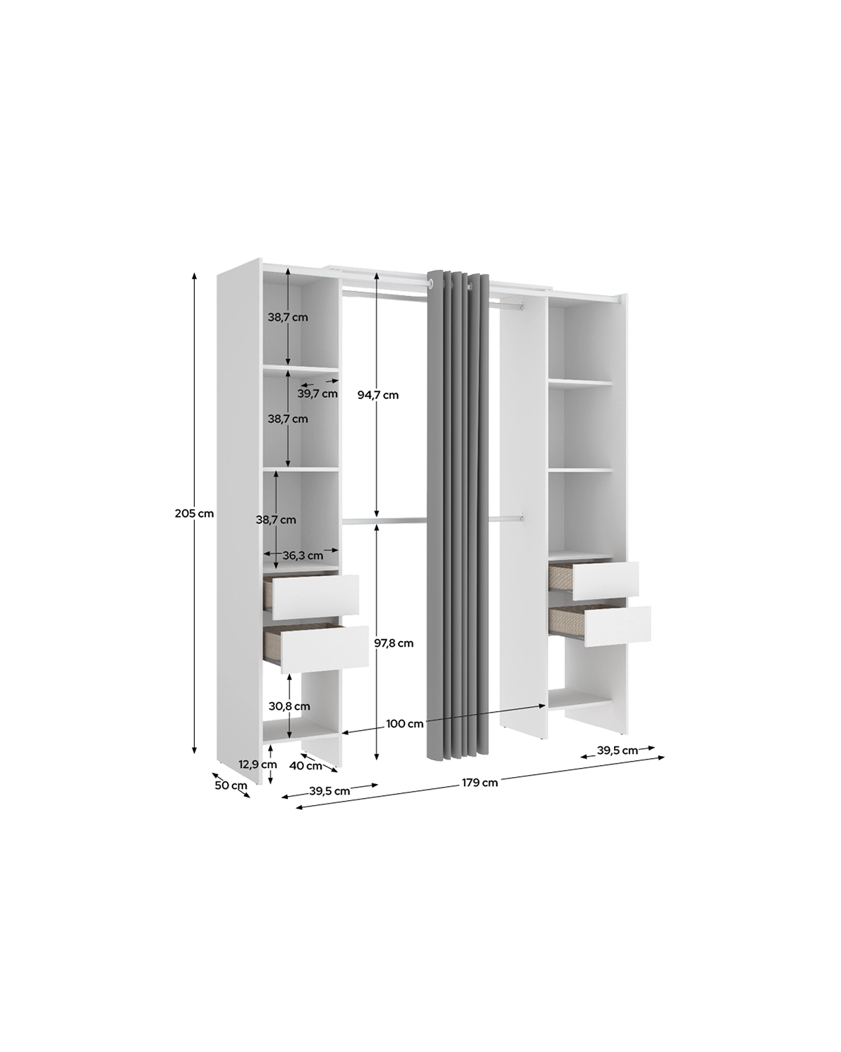 Armario vestidor regulable con dos columnas y cortina Suit