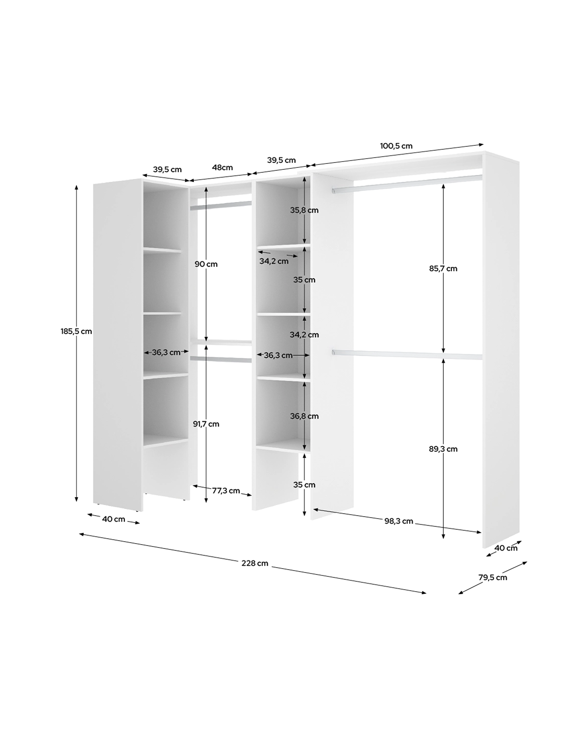 Armario vestidor rinconero regulable con dos columnas Suit