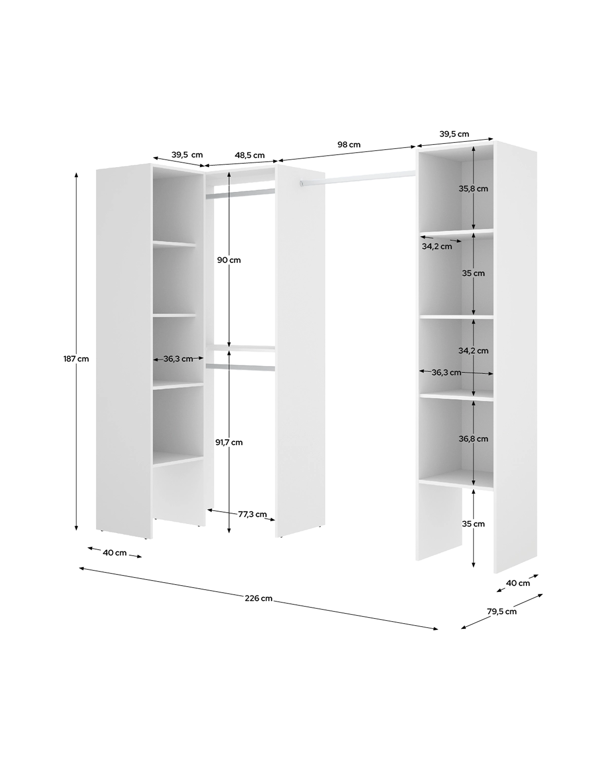 Armario vestidor rinconero regulable con dos columnas Suit