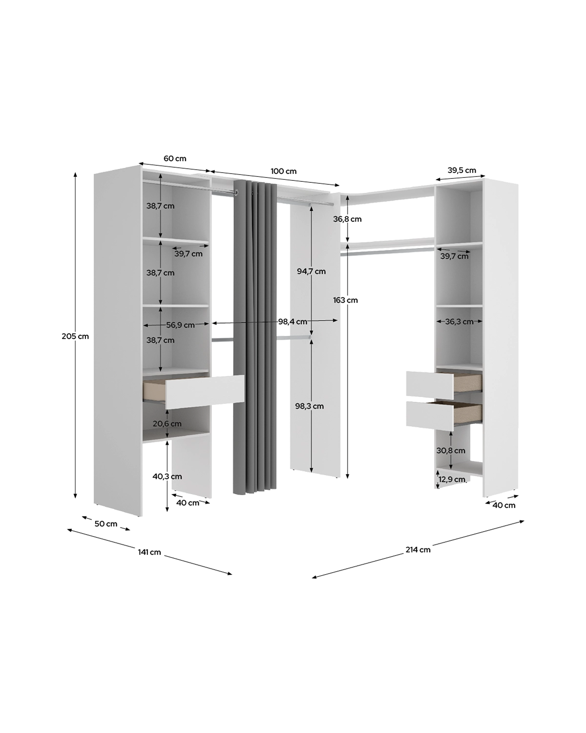 Armario vestidor rinconero regulable con dos columnas y cortina Suit