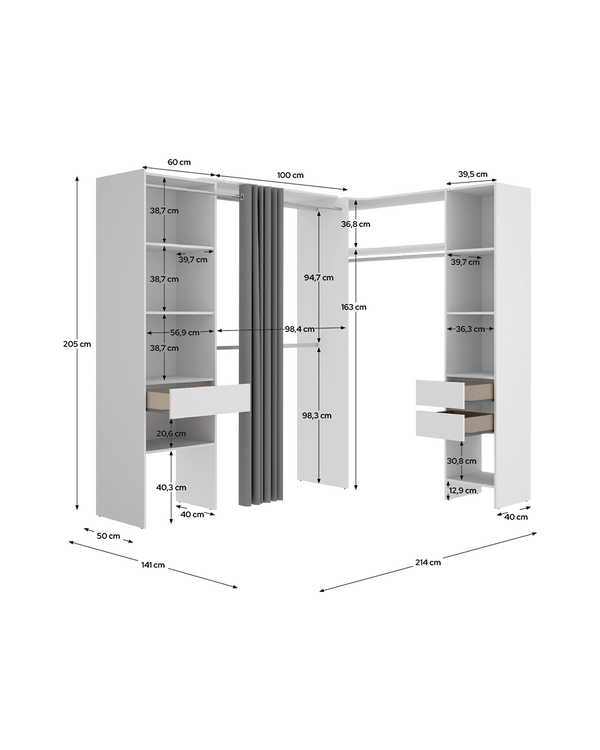 Armario vestidor rinconero regulable con dos columnas y cortina Suit