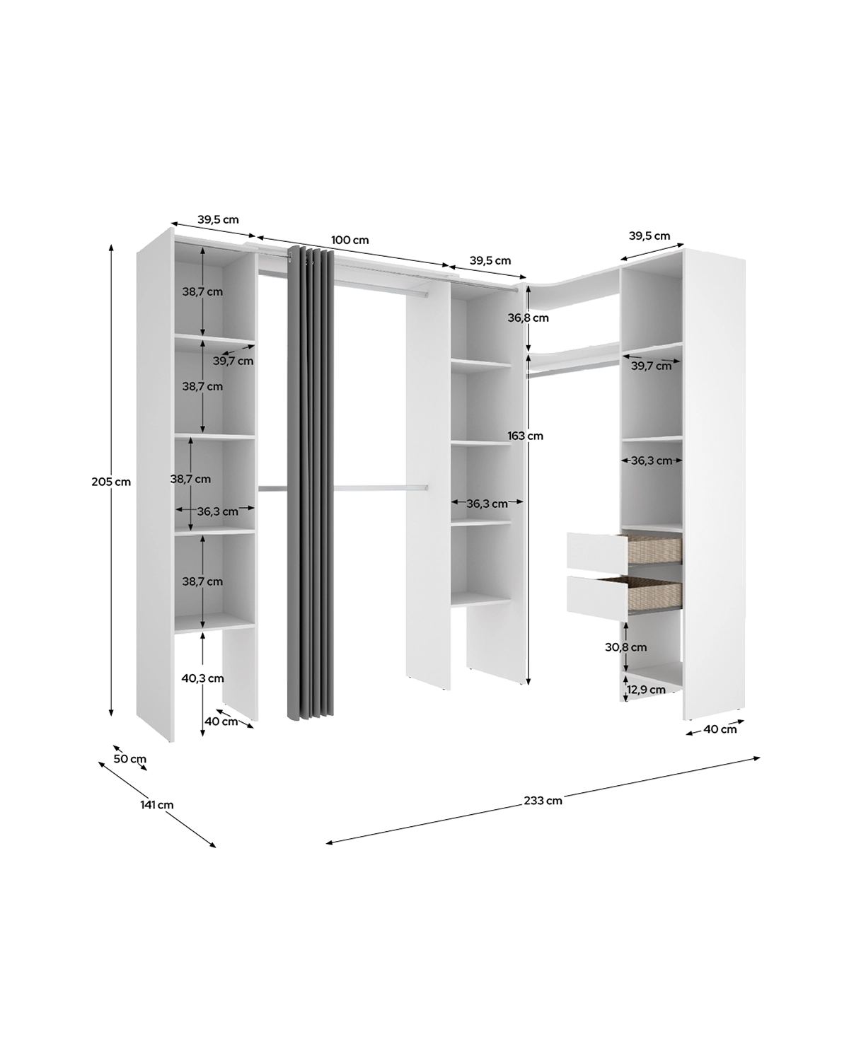 Armario vestidor rinconero regulable con tres columnas y cortina Suit