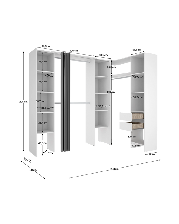 Armario vestidor rinconero regulable con tres columnas y cortina Suit