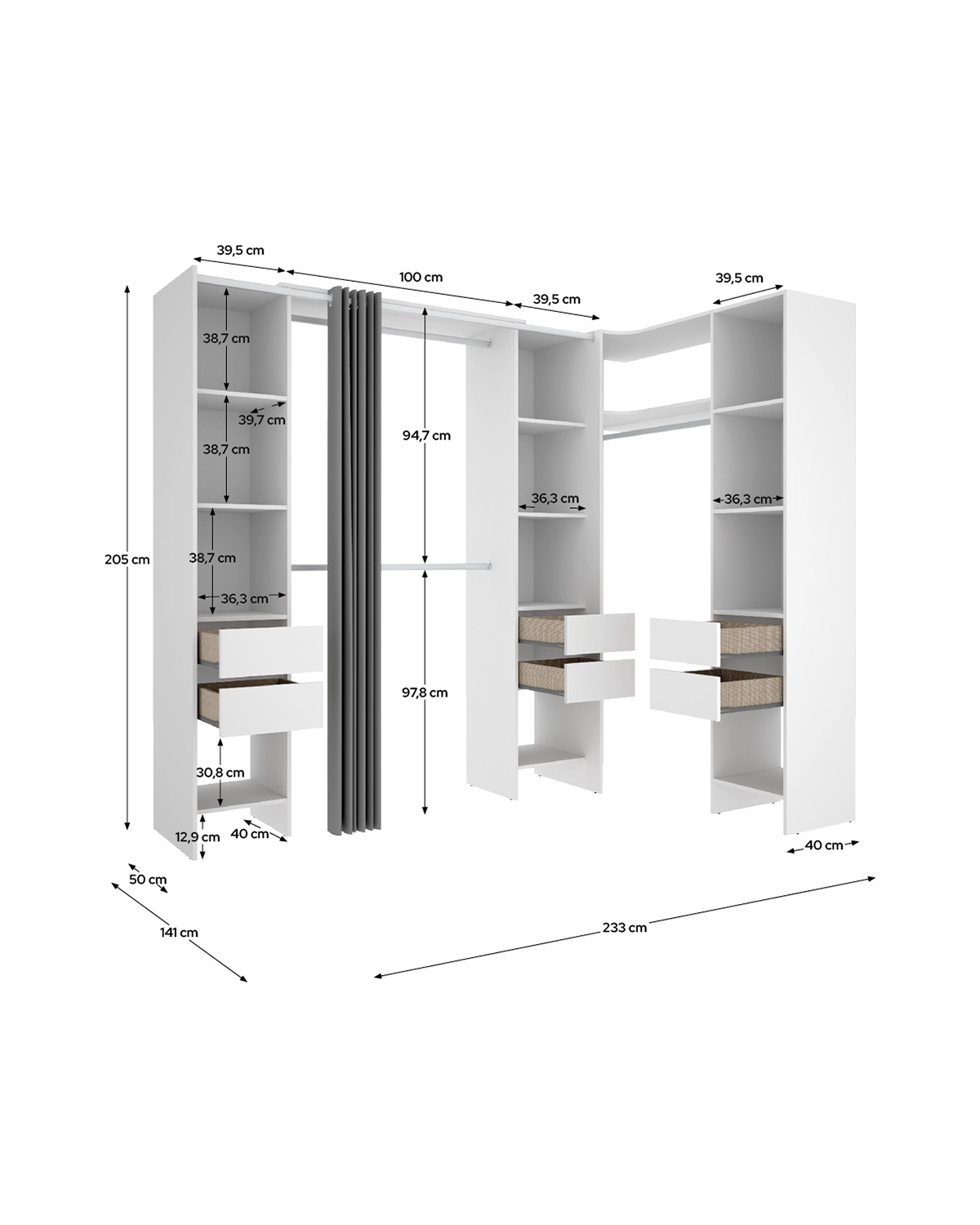 Armario vestidor rinconero regulable con tres columnas y cortina Suit