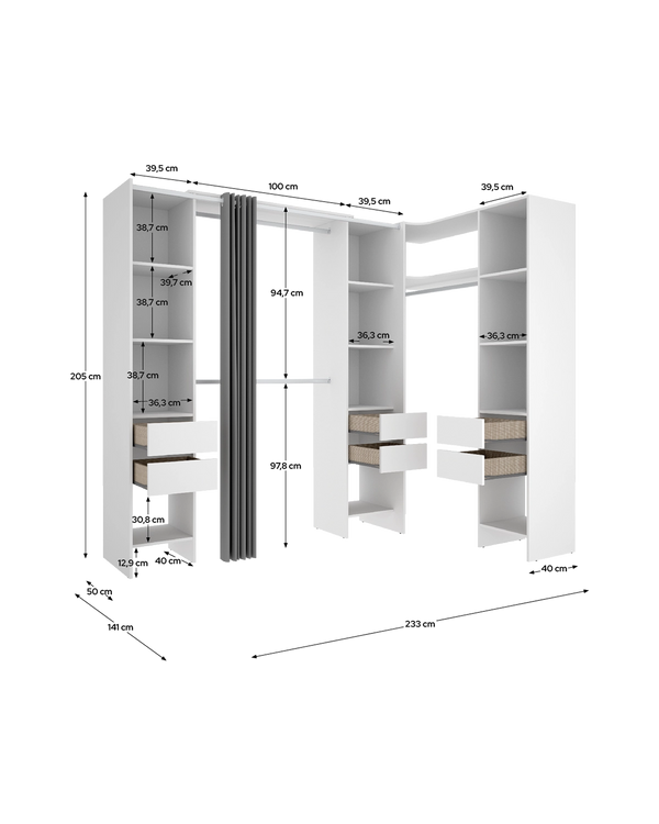 Armario vestidor rinconero regulable con tres columnas y cortina Suit