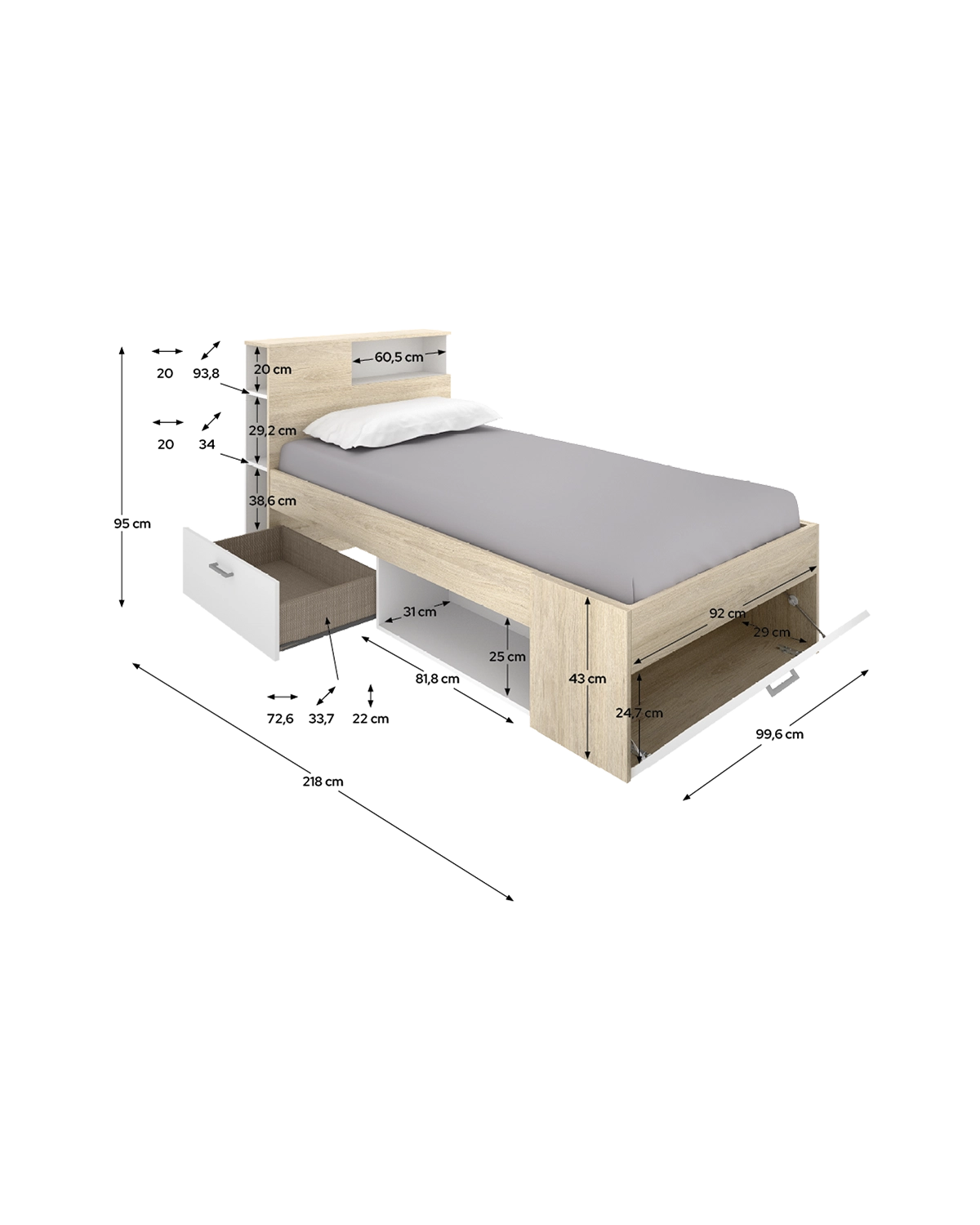 Cama individual con cabecero y almacenaje Lanka