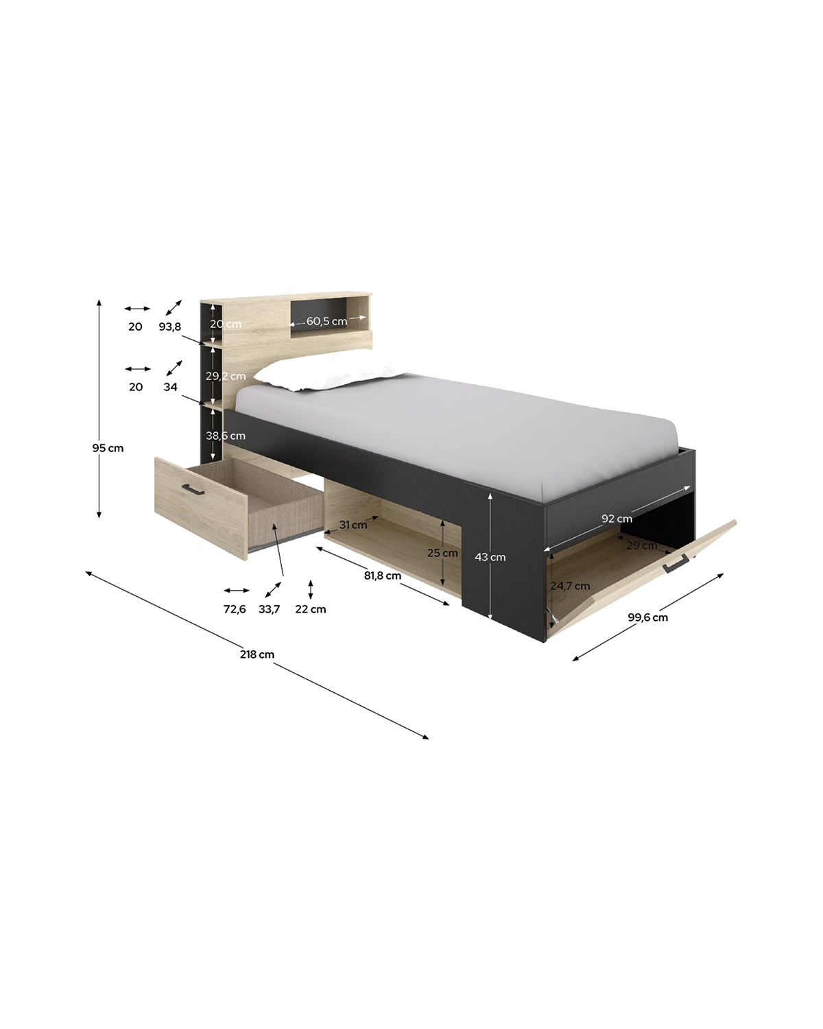 Cama individual con cabecero y almacenaje Lanka