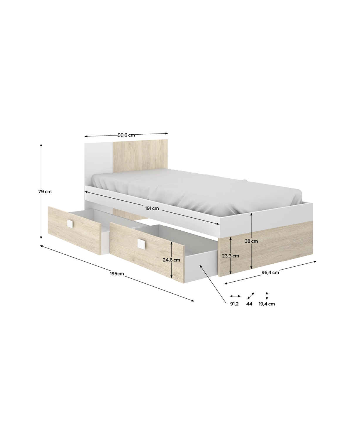 Cama individual con cabecero y cajones Dina