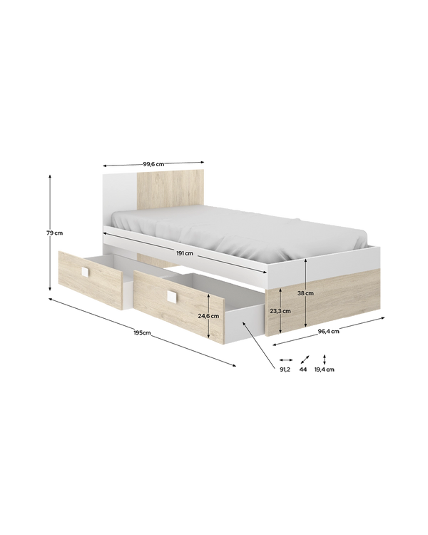 Cama individual con cabecero y cajones Dina