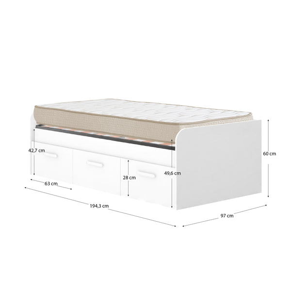 Pack ahorro juvenil Cama Mek con cajones, Colchón viscoelástico Nova y Somier 90 x 190 cm